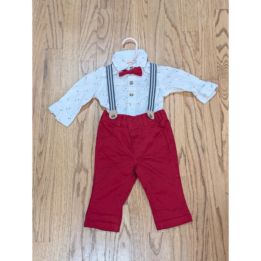 Cat & Jack Baby Boys 3pc Christmas outfit set 3-6M Red Pants Suspenders bow tie